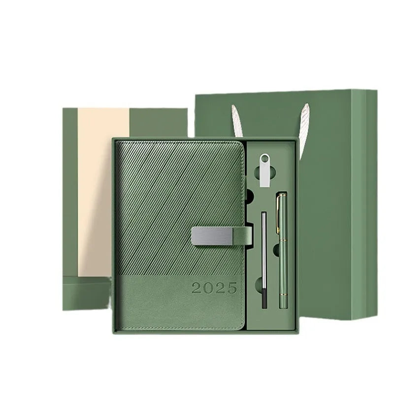 Office notepad with striped PU leather cover showing 204 sheets of 80g paper, dimensions 144x210mm
