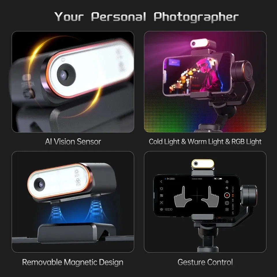 Black three-axis stabiliser with magnetic AI fill light attached to smartphone