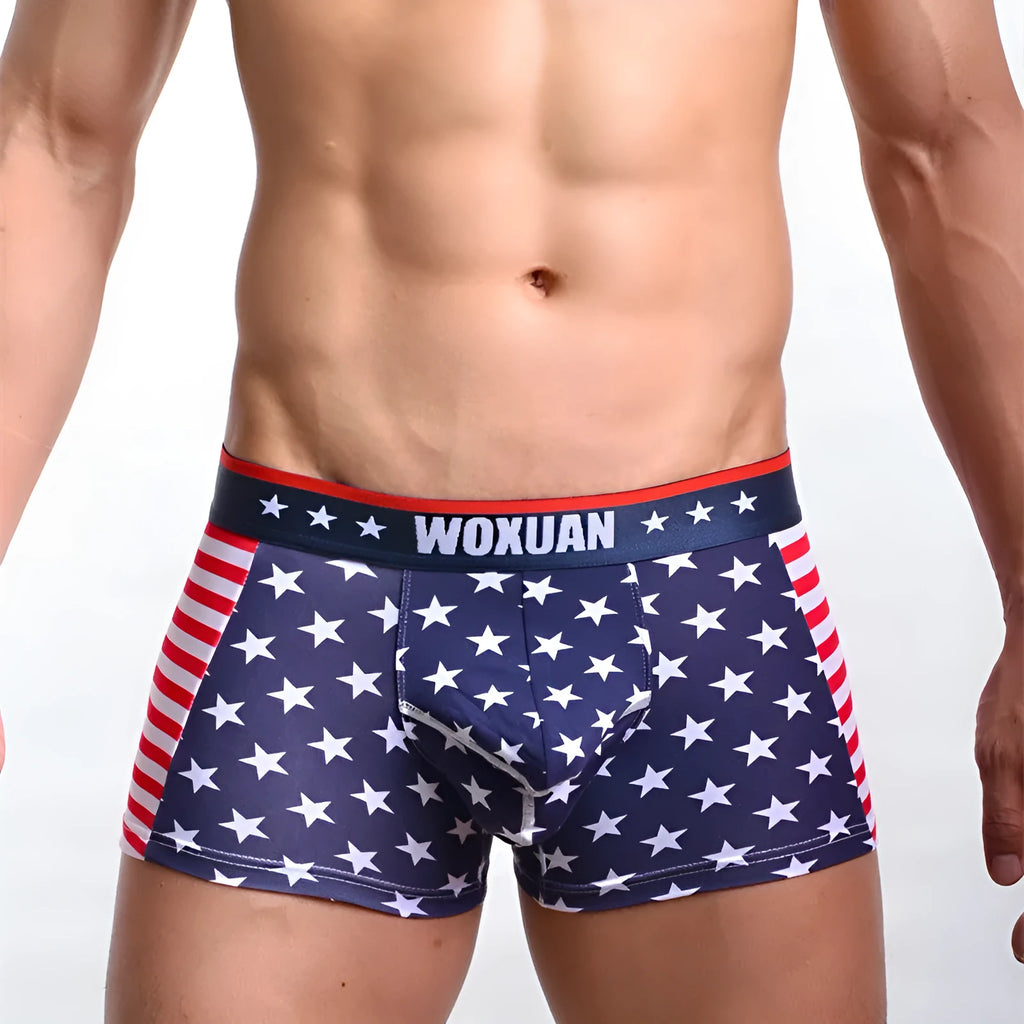 Red ribbed boxers with American flag print, cotton spandex blend, sizes S-XL