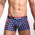Red ribbed boxers with American flag print, cotton spandex blend, sizes S-XL