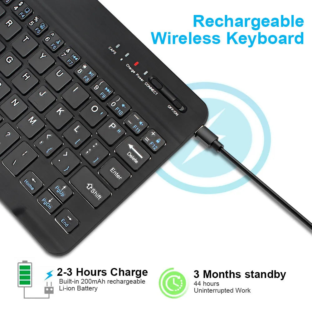 Mini Bluetooth wireless keyboard in black or white, showing compact design for 7-inch to 10-inch devices with 44-hour battery