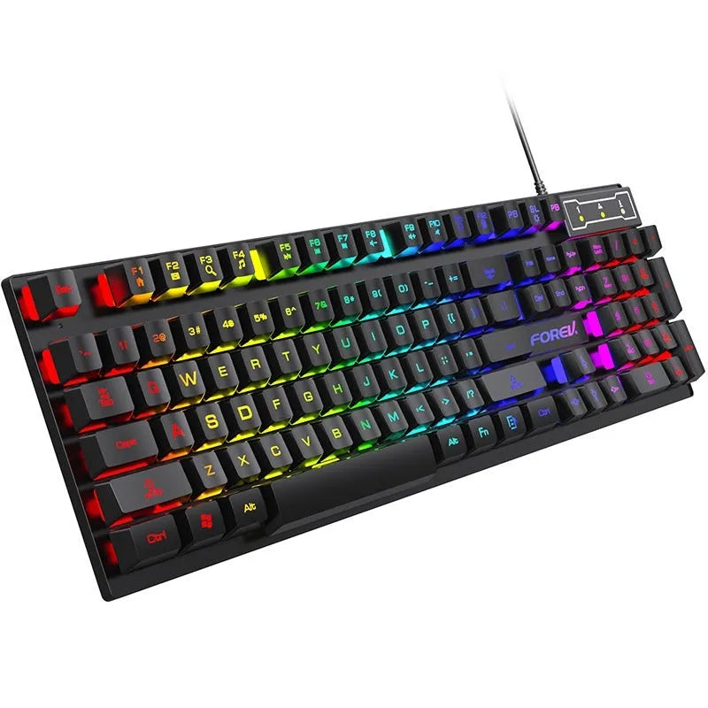 Black backlit 104-key gaming keyboard with mouse, showing ABS construction and 1.5m cable