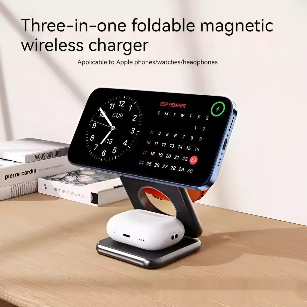 White foldable magnetic wireless charging holder for mobile phones showing QC3.0 fast charge.