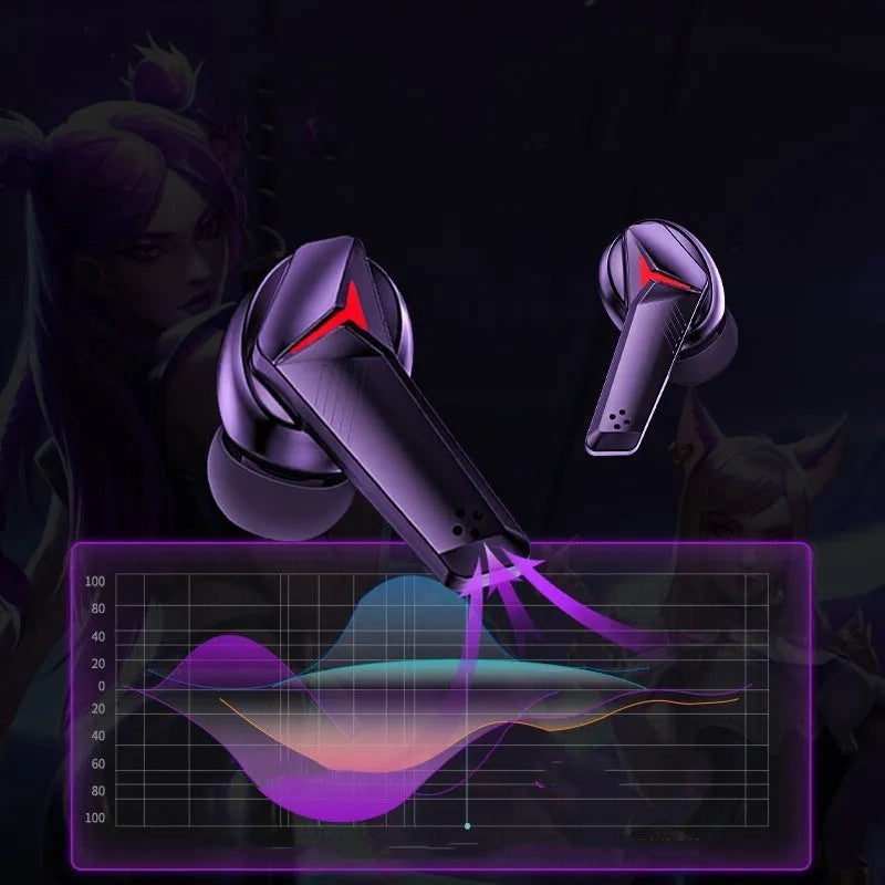 Black wireless Bluetooth gaming headset with earplug design and charging cable