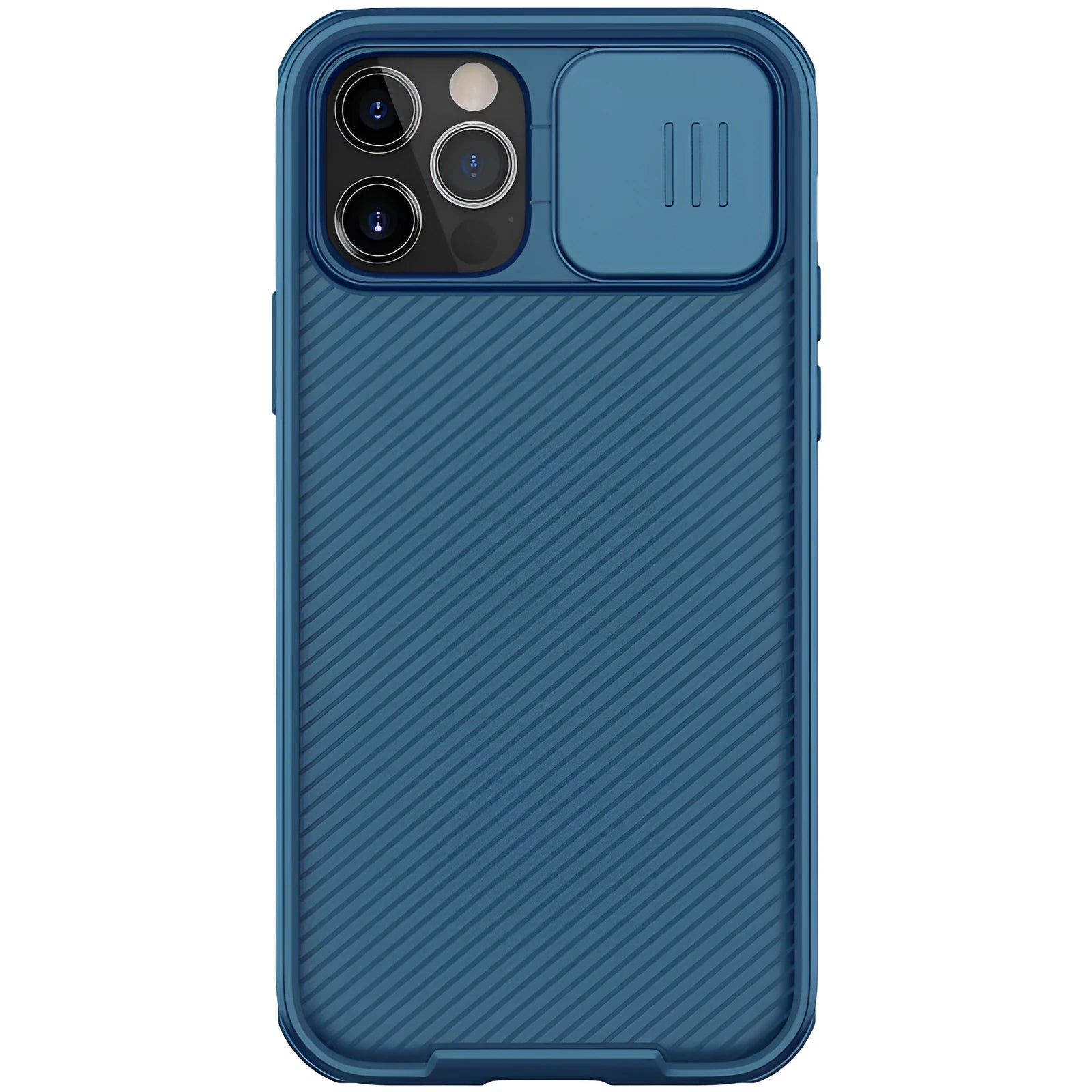 Nillkin Black Mirror Pro iPhone 12 case in black showing the sliding camera cover closed.