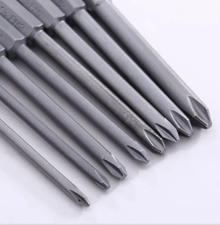 Set of eight 75mm long magnetic cross head screwdriver bits with hex shanks