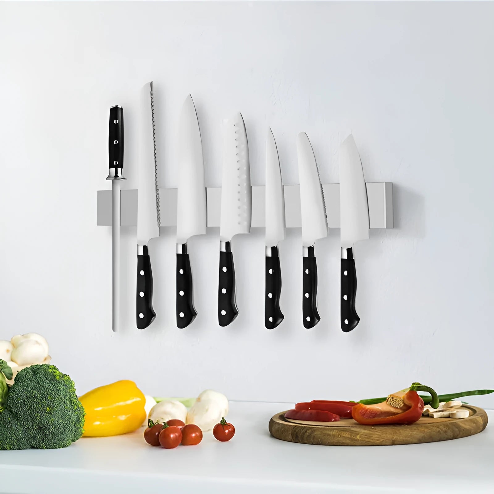 Stainless steel wall-mounted magnetic knife storage rack with multiple size options from 300mm to 600mm length