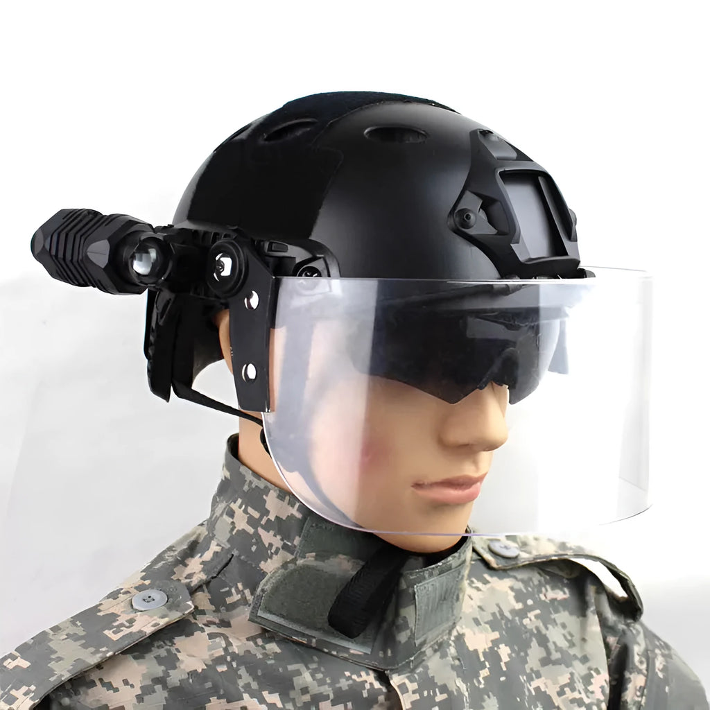 Transparent polycarbonate safety helmet visor with guide rail mounting, 30cm by 15cm