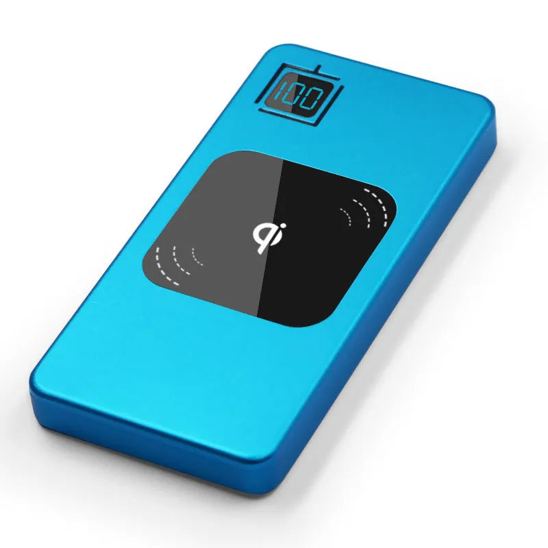Portable power bank with LCD display, alloy casing, and colour options including black, silver, red, and blue