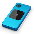 Portable power bank with LCD display, alloy casing, and colour options including black, silver, red, and blue