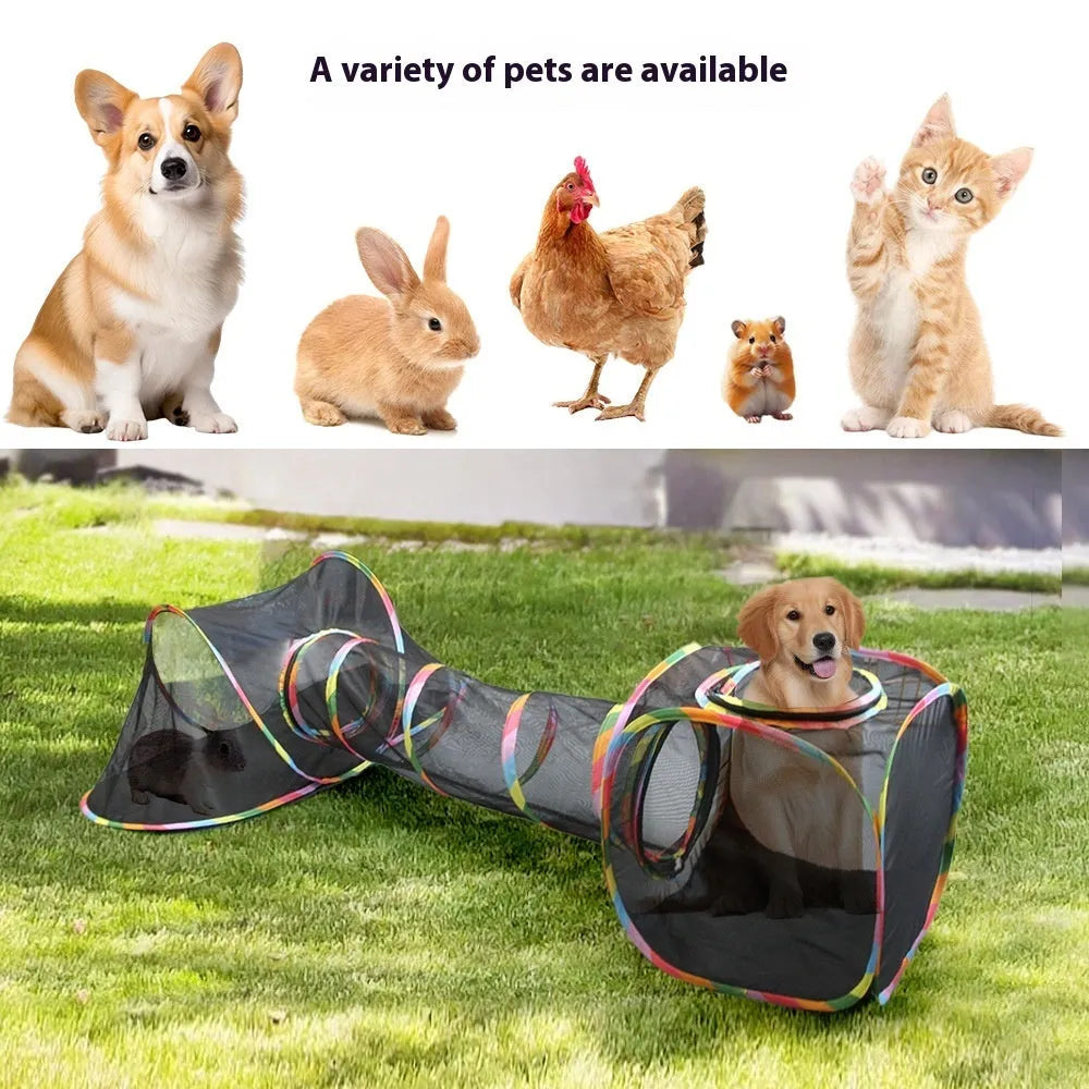 Foldable mesh cat roll cage in various shapes for pet play, including hexagonal and tent styles