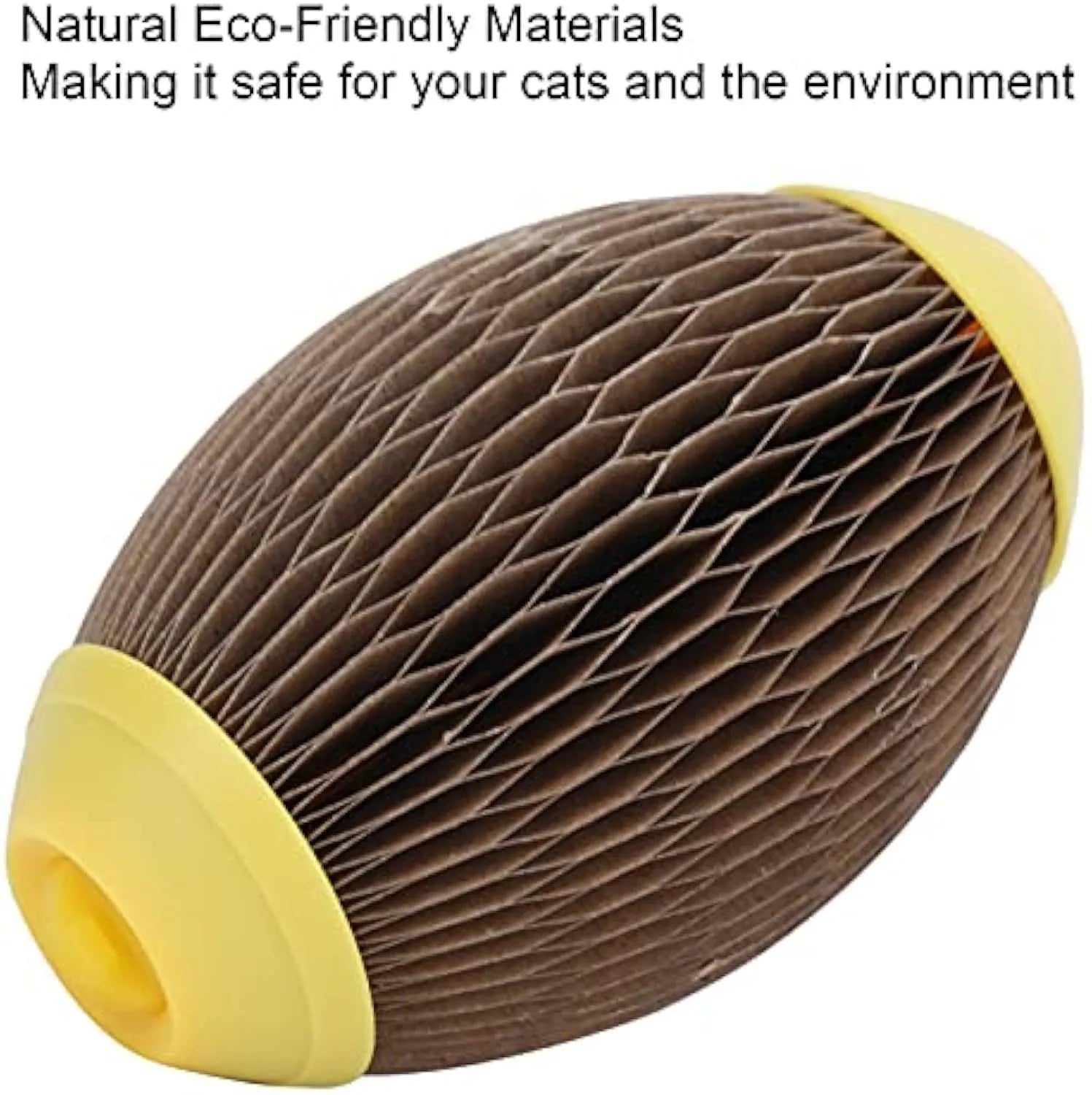 Elliptical catnip ball toy made of recycled corrugated paper, 65mm by 108mm, for scratching and play