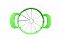 Green plastic and stainless steel melon slicer tool on a kitchen counter.