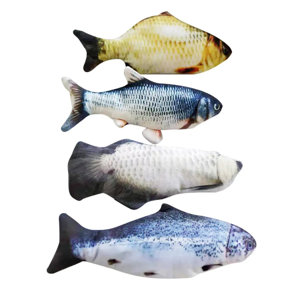 Multicolour 30cm electric jumping fish cat toy with a USB charging cable.