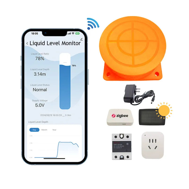 Wireless fluid level monitor for water and oil tanks with Tuya SmartLife app connectivity and remote monitoring capability