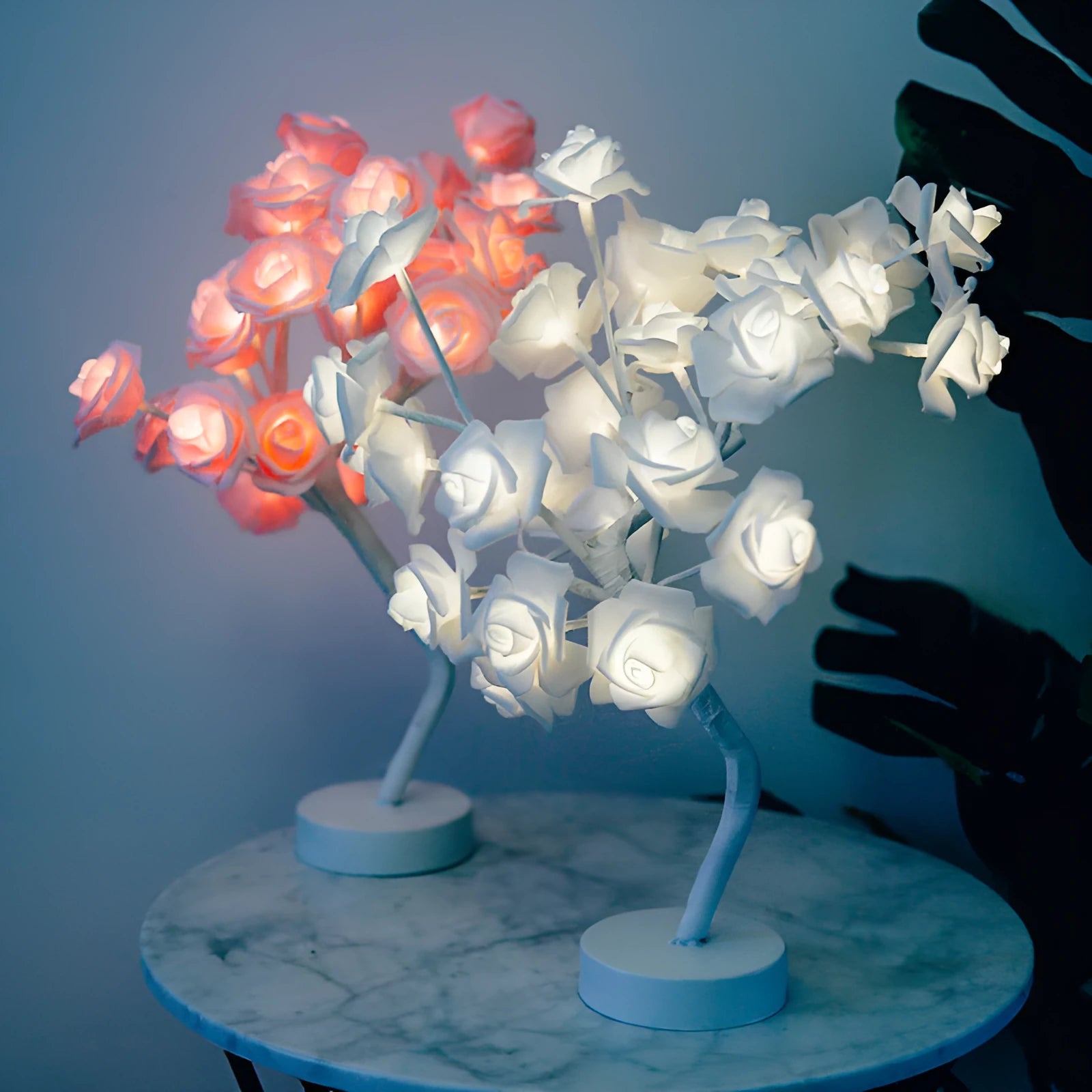 White and red rose flower shaped LED table lamp with bonsai tree garland lights, powered by battery or USB.