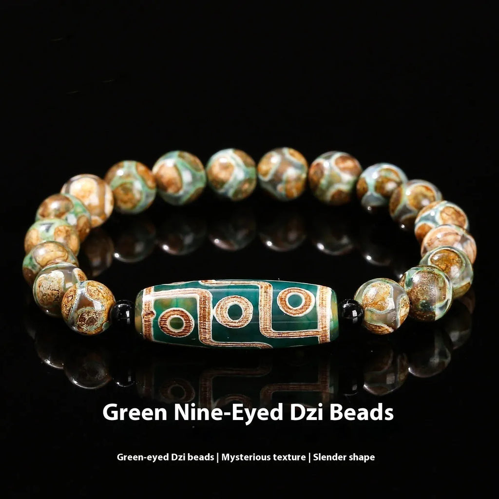 Green dzi bead barrel-shaped bracelet with 8mm agate beads, handmade unisex design