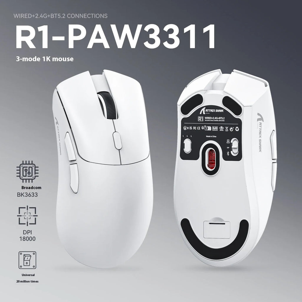 Attack Shark wireless Bluetooth mouse in black, red, or white with three connection modes and self-charging design