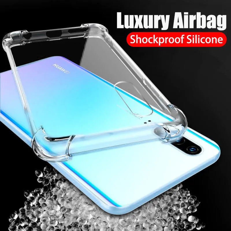 Transparent TPU phone case showing Huawei smartphone compatibility with airbag drop-resistant technology
