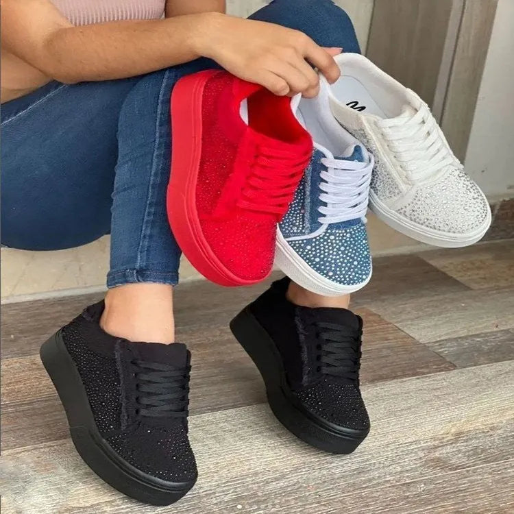 Plus size women's casual shoes with rhinestone accents on artificial PU upper, thick rubber soles, and lace-up design in black colour