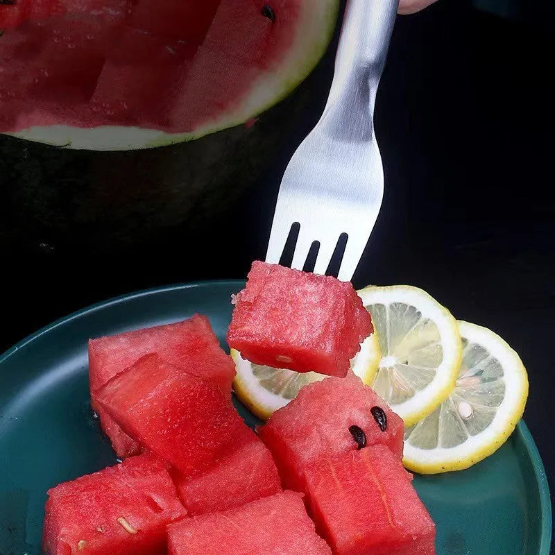 Stainless steel watermelon slicer cutter fork with 26cm handle for creating even watermelon cubes