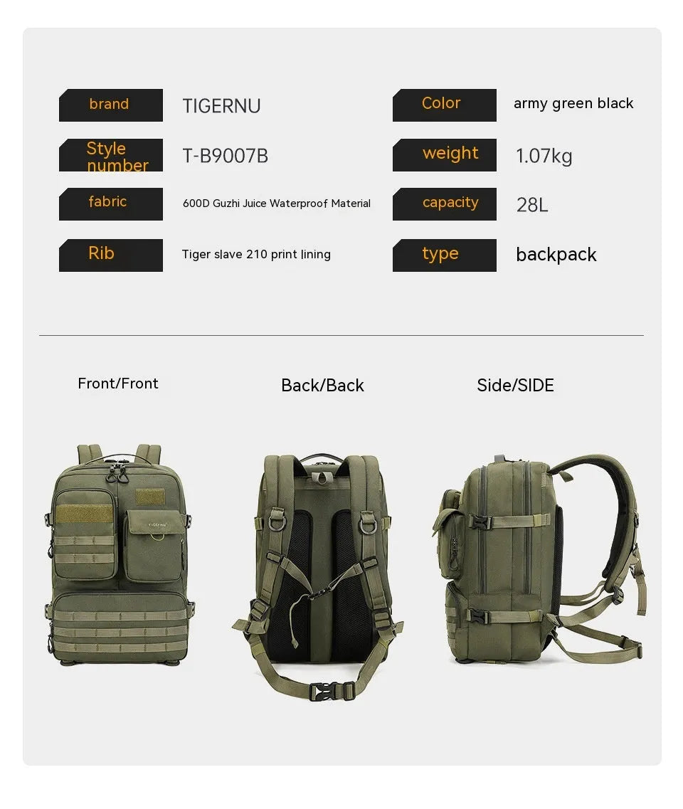 Tactical backpack in Army Green with 20-35L capacity, waterproof nylon, and 17-inch size for outdoor use.