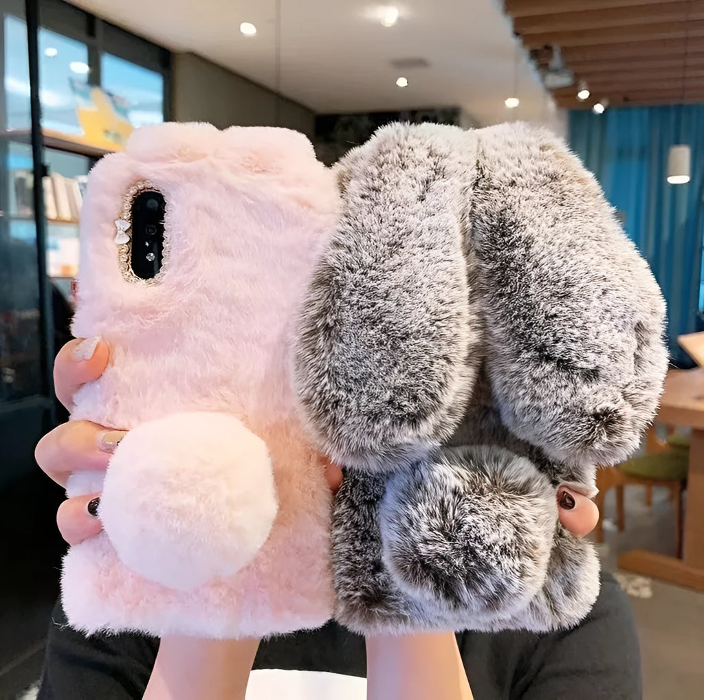 Plush flannel phone case with rabbit and heart design in brown, grey, pink, purple or white for iPhone 15 and 16 models