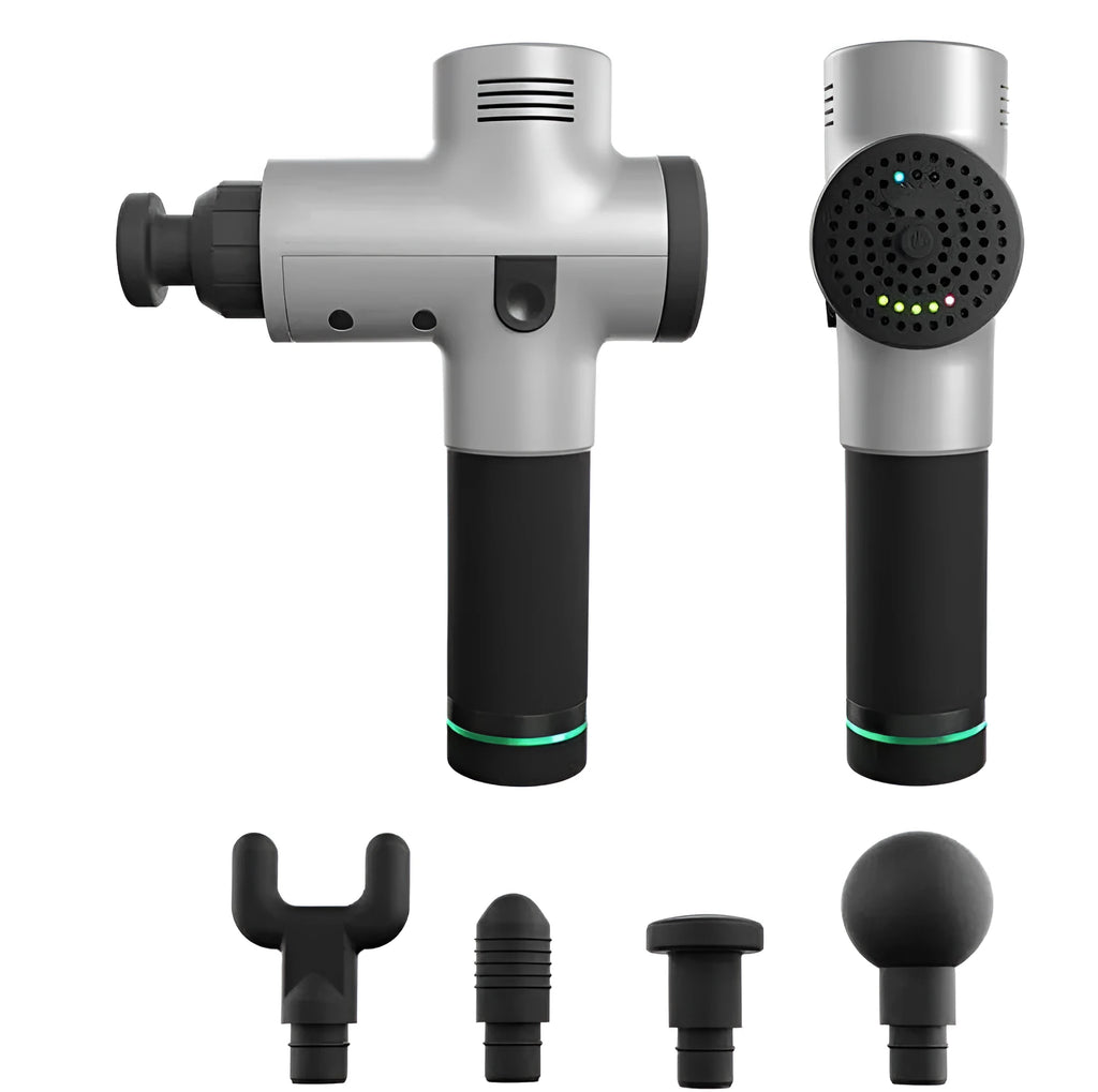 Muscle relaxation massager gun with five interchangeable heads, six frequency gears, and rechargeable battery, 25.2x24cm
