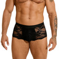 Men's black lace briefs with hollow-out see through design showing transparent construction