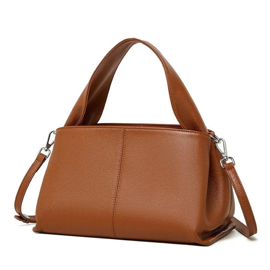 Women's genuine leather messenger bag in horizontal square shape with double shoulder straps and organised compartments