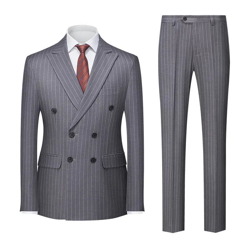 Men's slim fit double-breasted business suit in acetate blend fabric, shown in dark grey.