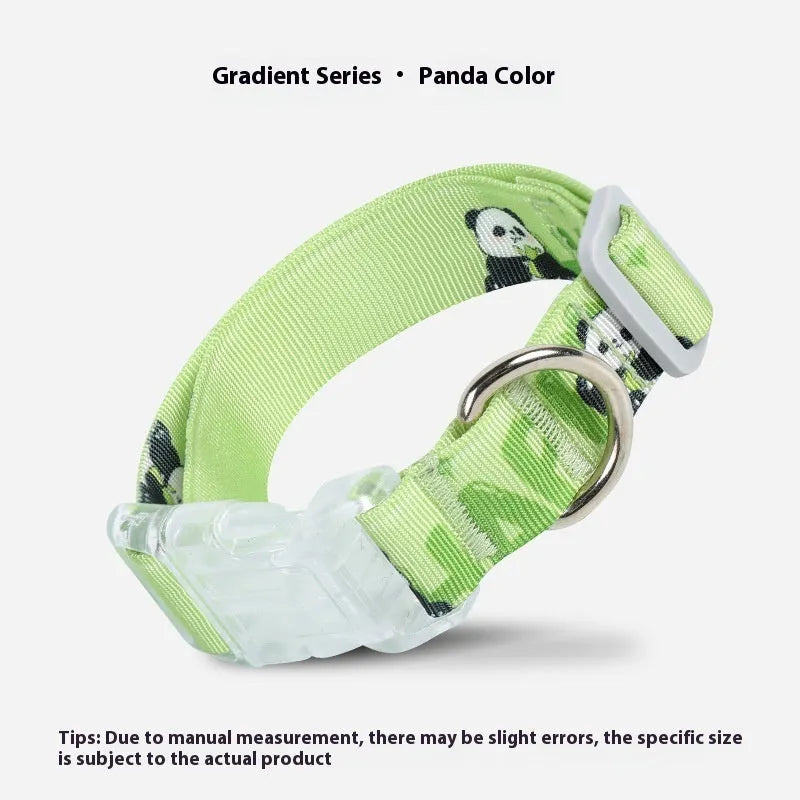 Adjustable nylon dog collar with cartoon gradient printing in gradient colour or panda green, showing secure buckle and size tags.