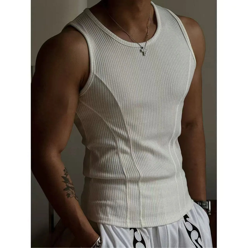 Men's black tight-fitting I-shaped polyester sports vest on a white background