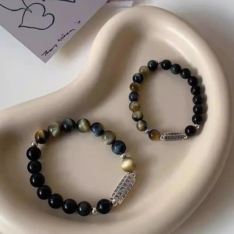 Tigereye obsidian six words mantra couple bracelet in S925 sterling silver with geometric round design