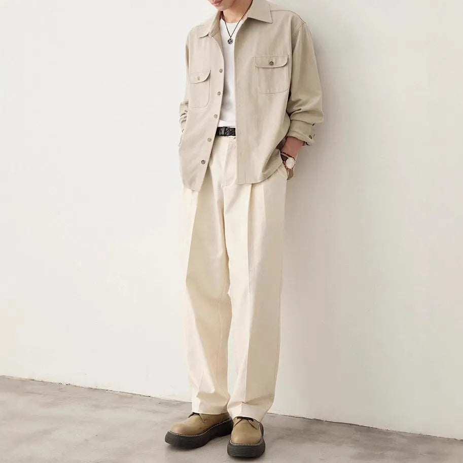 Men's light sand rice lapel collar shirt with long sleeves and chemical fibre blend fabric