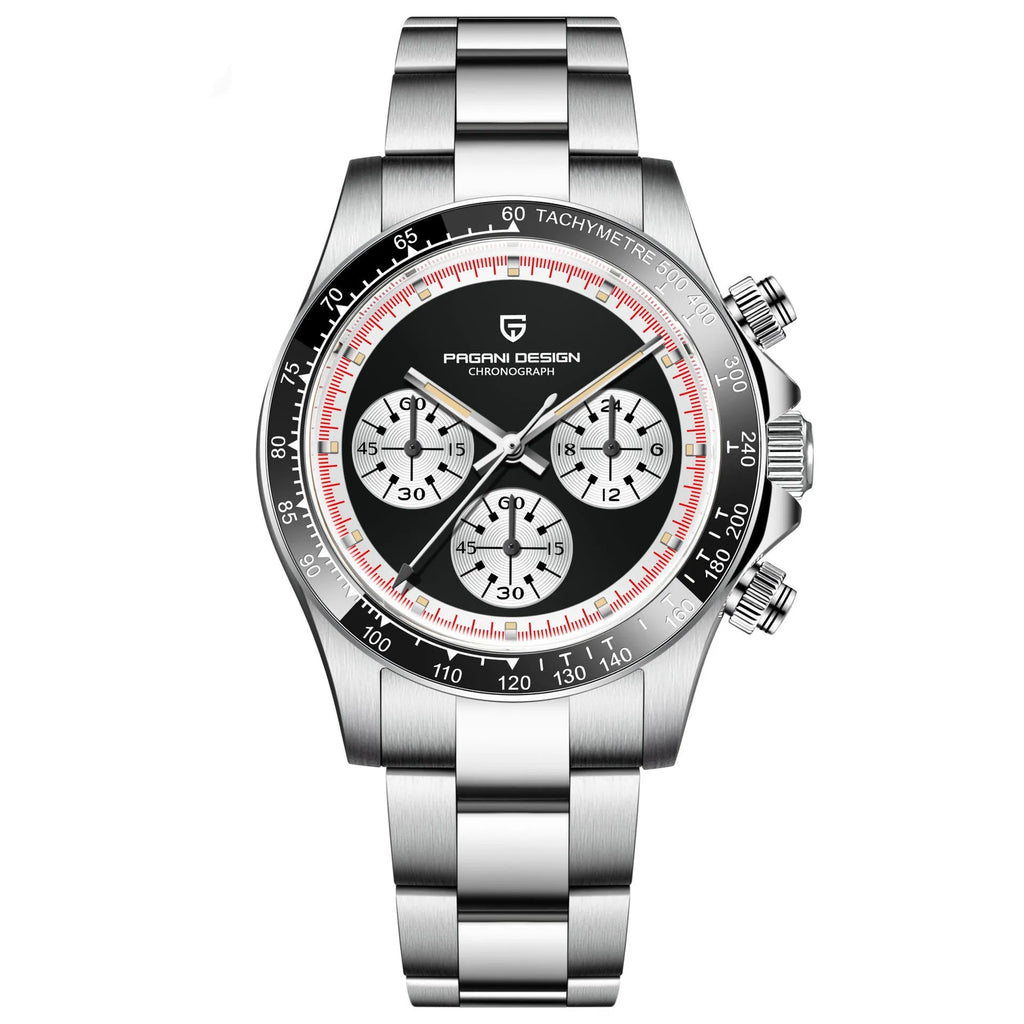 Berjani stainless steel men's chronograph watch with black dial and metal bracelet