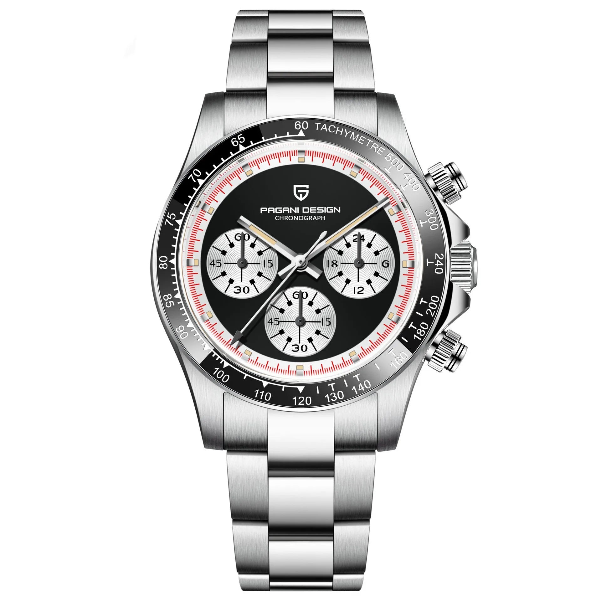 Berjani stainless steel men's chronograph watch with black dial and metal bracelet