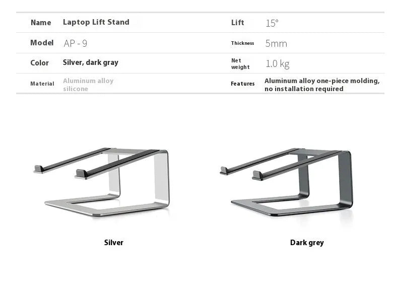 Aluminium alloy laptop stand in black or silver on a desk, showing its raised platform design.