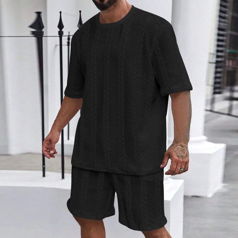 Knitted jacquard summer casual set with round neck pullover top and matching shorts in light grey colour