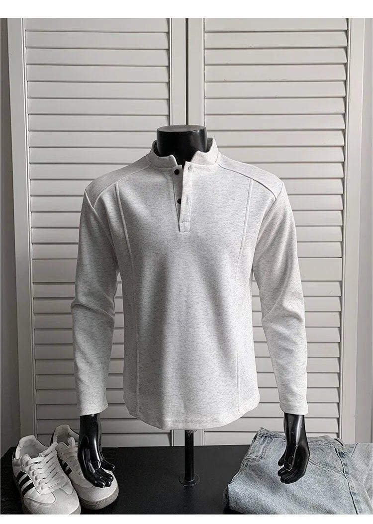 Men's patchwork stand-up collar polo shirt in heather gray with asymmetric design