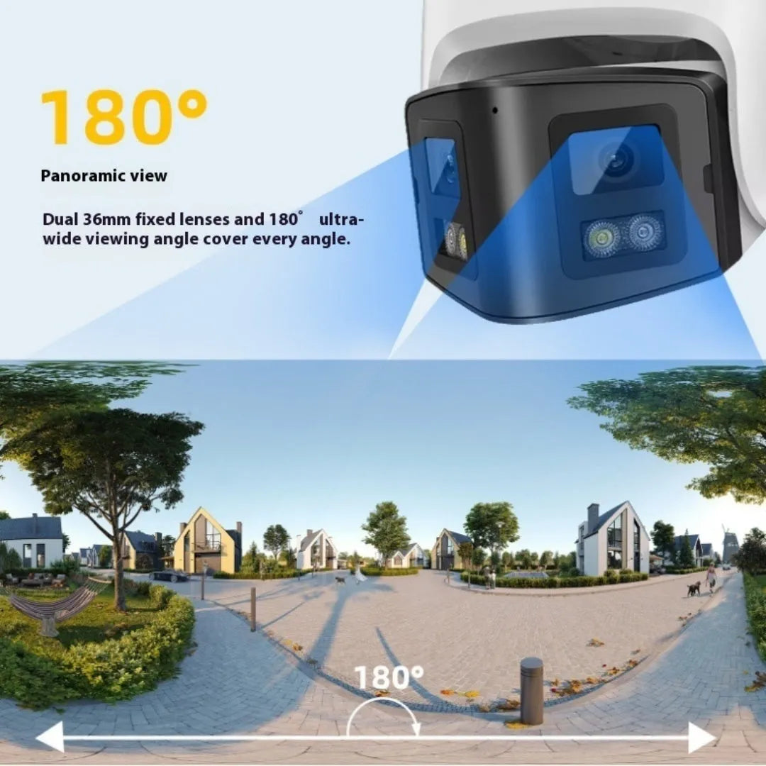 4MP dual-lens IP66 waterproof CCTV webcam measuring 124x72x201mm for indoor and outdoor surveillance