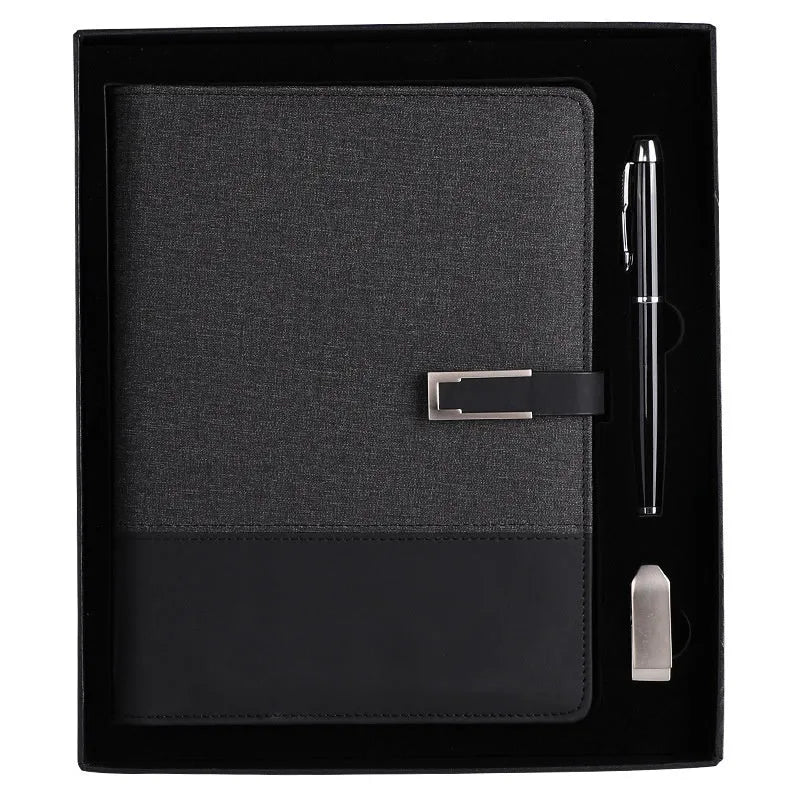 A5 notebook with PU leather cover in Business Brown colour, showing wood-free paper pages and gift box option