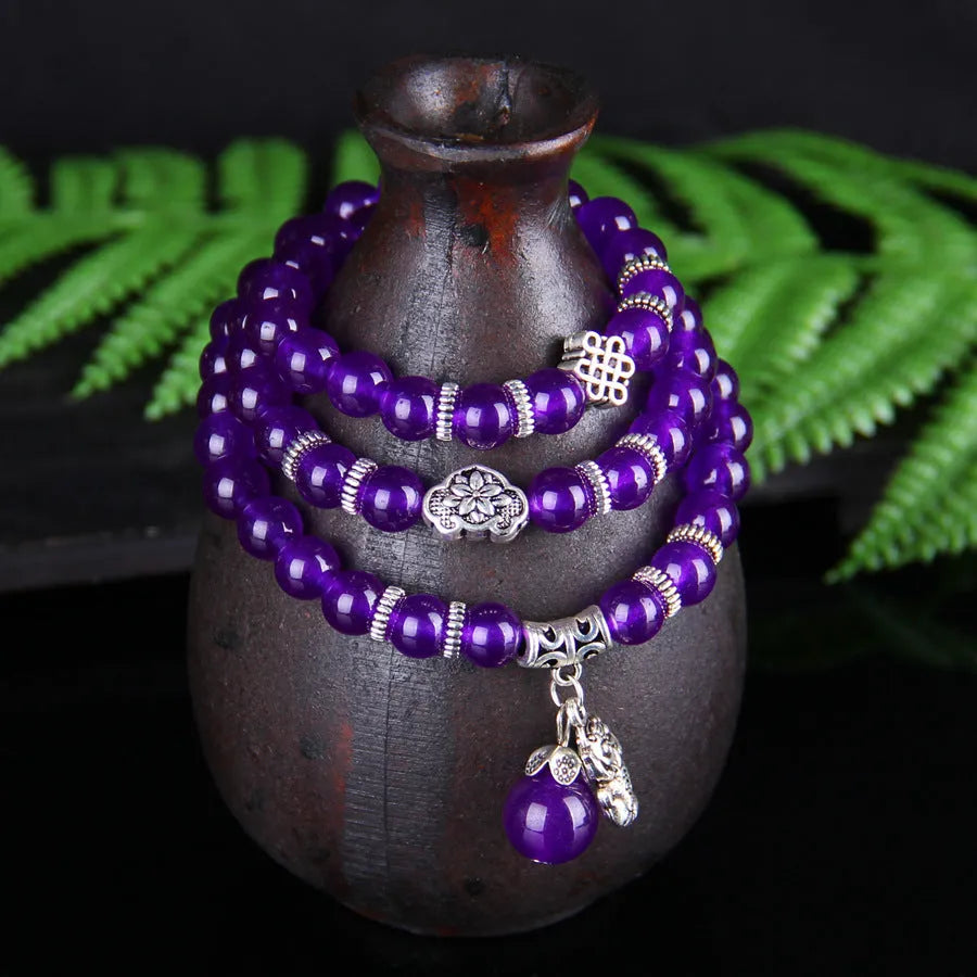 Purple chalcedony bracelet with three-circle ethnic design and adjustable fit