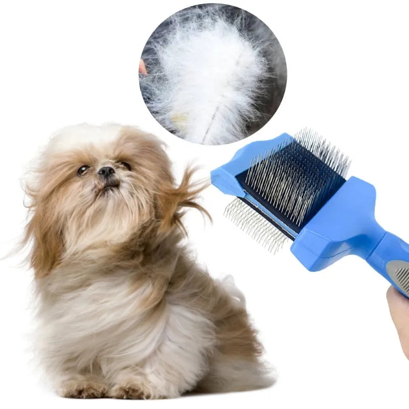 Double-sided pet brush with stainless steel pins and blue ergonomic handle for grooming dogs and cats