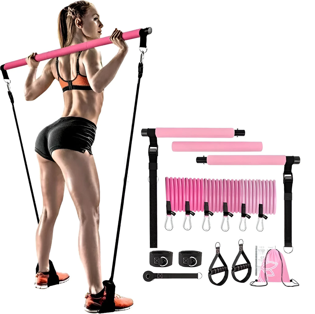 Women's 11-piece fitness stick set with TPE resistance ropes in pink purple black colours