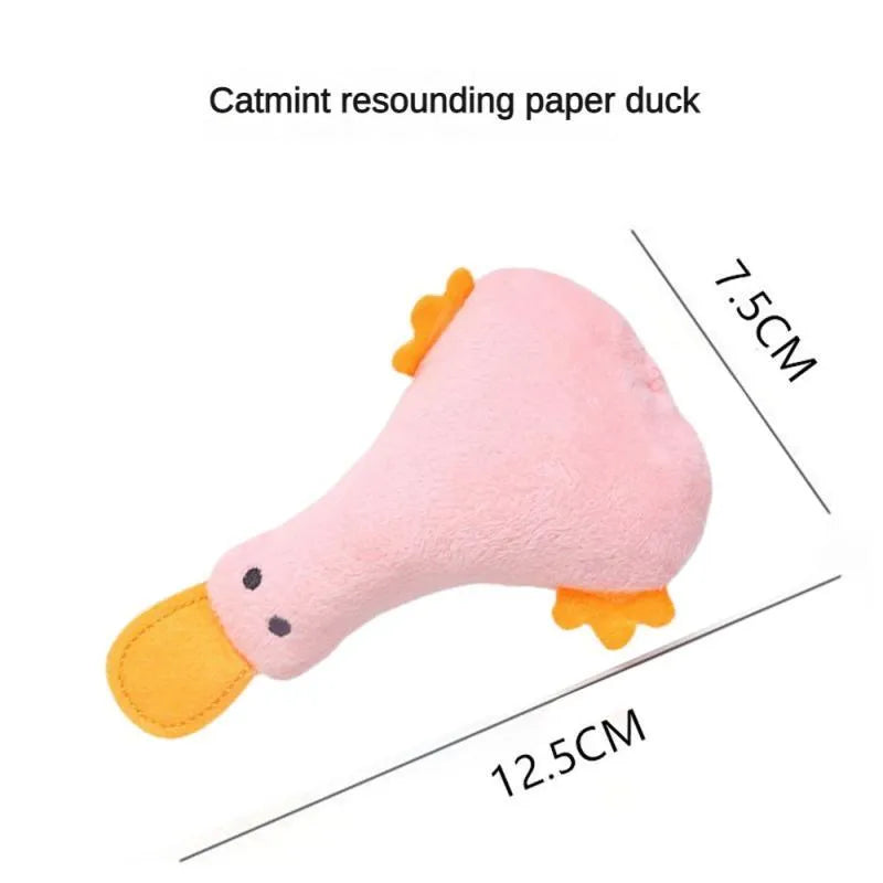 Soft plush duck toy in yellow with black details, shown with a cat and dog, highlighting its catnip filling and squeaker.