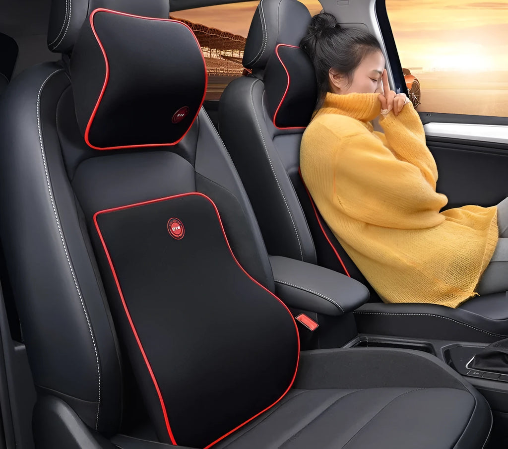 Car headrest neck protector and waist support set in black, coffee, grey or red with polyester cover and memory foam filling