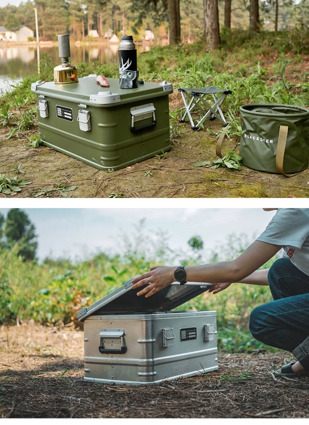 Field green aluminium alloy outdoor storage box with dimensions 58cm by 38cm by 28cm.
