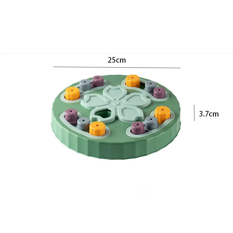 Blue silicone dog slow feeder mat with puzzle grooves and a suction base on a kitchen floor.