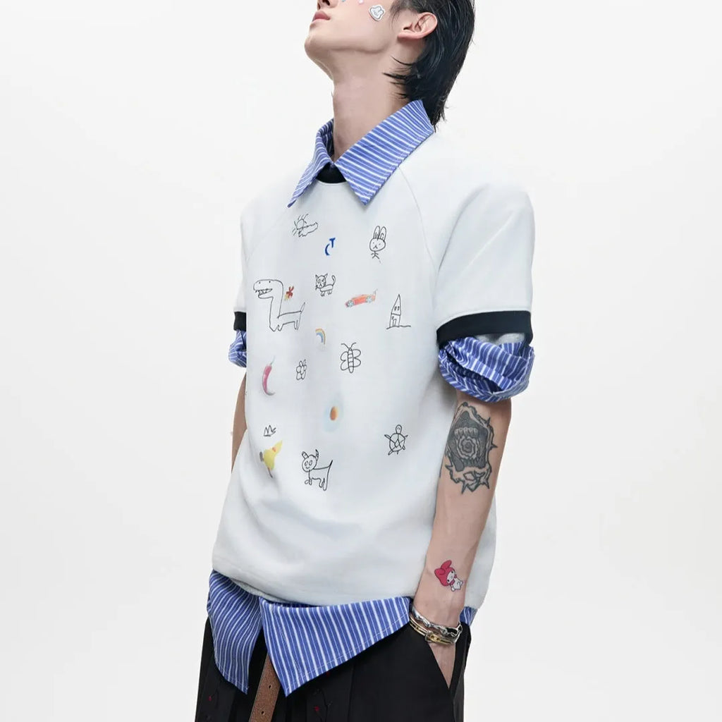 Men's loose fit cartoon printed short sleeve shirt in blue and white colour options